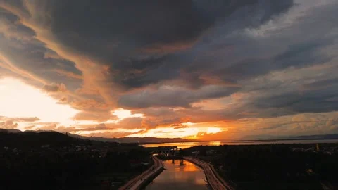 Aerial View of River with sunset background. Dramatic sky Stock-Footage 277713272