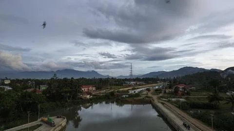 Aerial View of River with sunset background. Dramatic sky Stock Photos