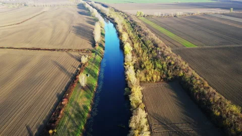 Aerial view of a river surrounded with empty agricultural fields and trees Stock Footage 263208065