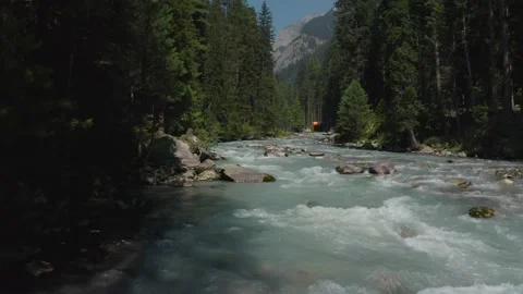 Aerial view of a river surrounded by green trees in the mountains Stock Footage 171908390