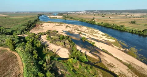 Aerial view of river Tejo in Chamusca, Ribatejo, Portugal. Drone flies over Stock Footage 255396529