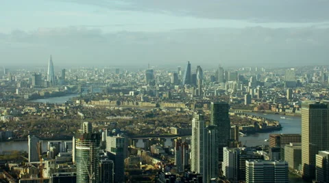 Aerial view of River Thames and city buildings London UK Stock Footage 64836409