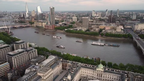 Aerial View of the River Thames and South Bank Skyline, London Stock Footage 261353441