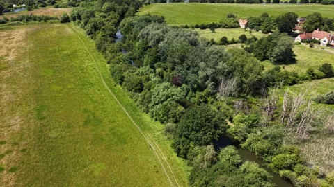 Aerial View of the River Thames Flowing Through Culham, Oxfordshire Stock Footage 336891114