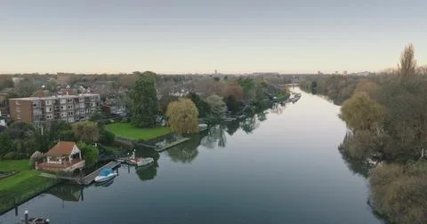 Aerial view of the River Thames flowing through Teddington in London 写真素材