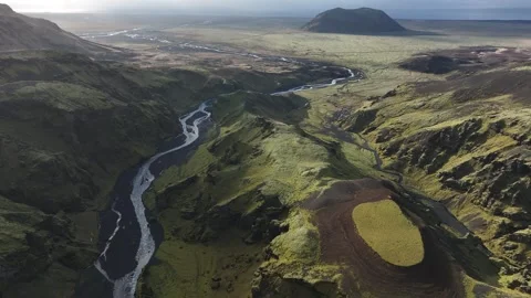 Aerial view of river through green canyons, Iceland. Stock Footage 327648558