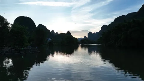 Aerial View Of River Through Karst Mountains At Sunset In Yangshuo Vídeos de archivo 313061885