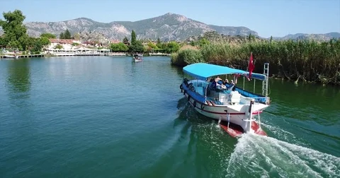 Aerial View Of The River Trip Type Boots Dalyan In Turkey Stock Footage 77381713