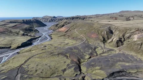 Aerial view of river valley and road, Iceland. Stock Footage 314257697
