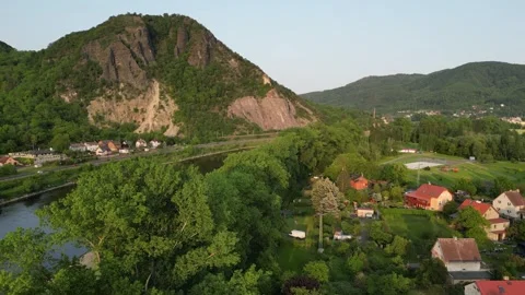 Aerial View of River Valley and Mountain Landscape in Usti Nad Labem, Czech Stock Footage 335584257
