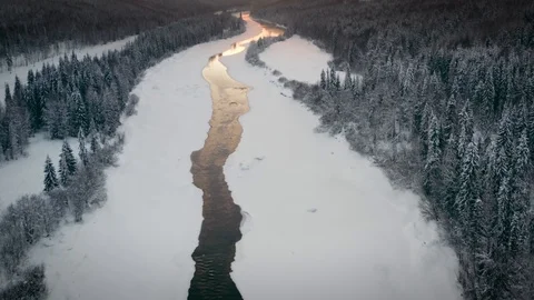 Aerial view river valley on the background of sunset in winter Video stock 125447593