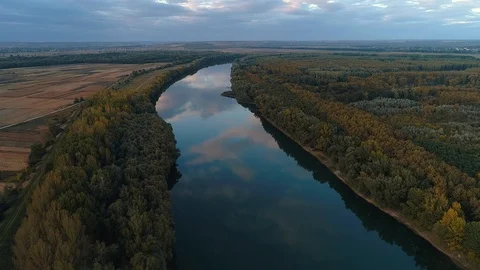 A aerial view of a river which is reflecting the sky the forest located on on Stock Footage 113427562