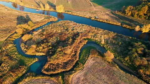 Aerial view of the river in the wild during the fall season Stock Footage 167057856