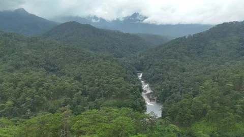 Aerial View of River Winding Through Deep Mountain Forest Valley 스톡 동영상 343472335