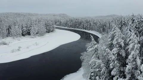 Aerial view of the river into the winter forest Stock Footage 173614626