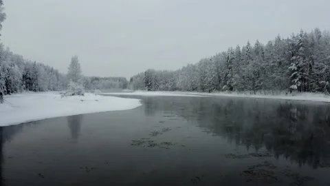 Aerial view of the river into the winter forest Stock Footage 173615053