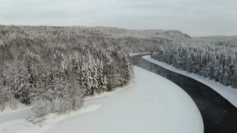 Aerial view of the river into the winter forest Stock Footage 173624187