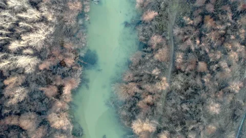 Aerial view of  river, winter time. Видео 146211925