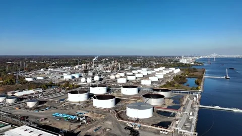 Aerial View of a Riverfront Refinery Marcus Hook Pennsylvania Stock Footage 166716838