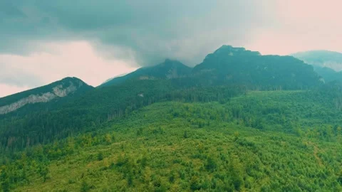 Aerial view of the road and cloudy Tatras mountains near the town of Zakopane, 스톡 동영상 289738909