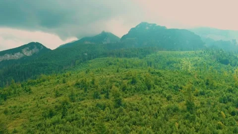 Aerial view of the road and cloudy Tatras mountains near the town of Zakopane, Stockbeeldmateriaal 292888460