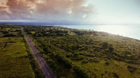 Aerial view of the road between corn field with beautiful beach and sea 스톡 사진