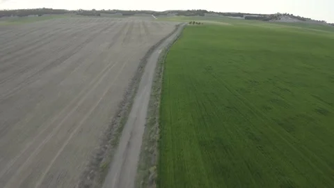 Aerial view of a road between fields of crops of different colors Stock Footage 154236719