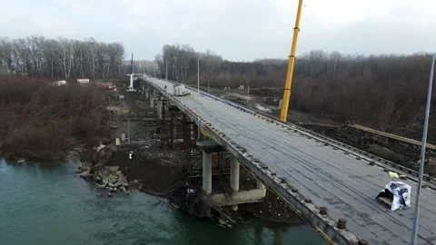 Aerial view of a road bridge under construction. road and bridge under 스톡 동영상 229583883
