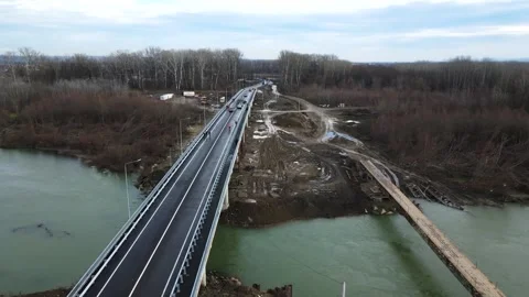 Aerial view of a road bridge under construction. road and bridge under Stock Footage 230048514