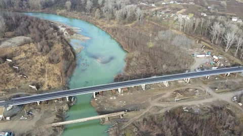 Aerial view of a road bridge under construction. road and bridge under Stock Footage 230192938