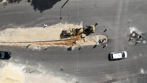 Aerial View of Road Construction with Heavy Machinery Stock Footage 297660466