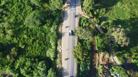 Aerial view of a road cutting through lush green vegetation with a car driving Stock Footage 313317592