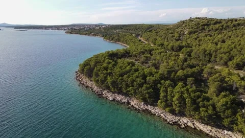 Aerial View of a road driving along the coast near Zadar, Croatia. Stock Footage 345234014