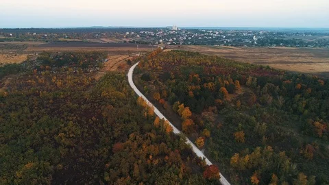 Aerial view of a road inside a forest which is leading towards a city. Stock Footage 113070627