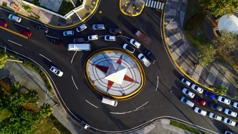Aerial view of a road interchange featuring a compass design. Vídeos de archivo 346804121