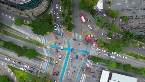 Aerial View of Road Interchange with Flowing Urban Traffic and Transportation Stock Footage 307974221