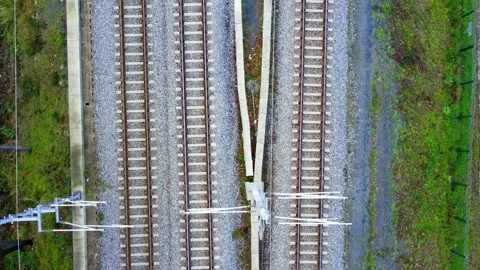Aerial View of Road Intersection and Railway Without Train Stock Footage 314306033