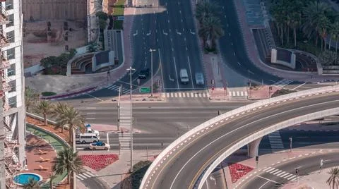 Aerial view of a road intersection between skyscrapers between skyscrapers ti Stock Photos