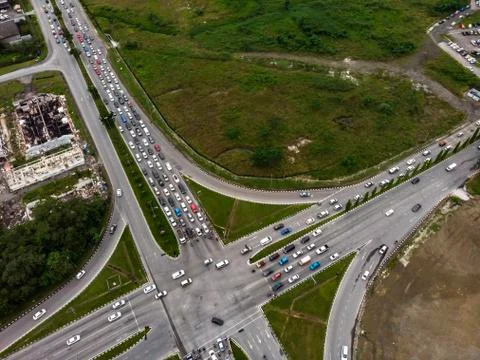 Aerial view of road intersection with crowded vehicles 写真素材