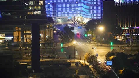 Aerial view of road intersection in downtown of hangzhou at night Stock Footage 168398126