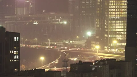 Aerial view of road intersection in downtown of hangzhou at night Stock Footage 168398371