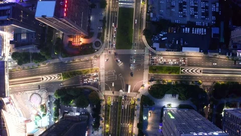 Aerial view of road intersection in midtown of hangzhou binjiang at night Stock Footage 196003435