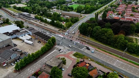 Aerial view of a road intersection in Zaandam, Netherlands. Stock Footage 341445185