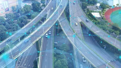 Aerial view of road junction with moving cars,Autopilot concept Видео 118578882