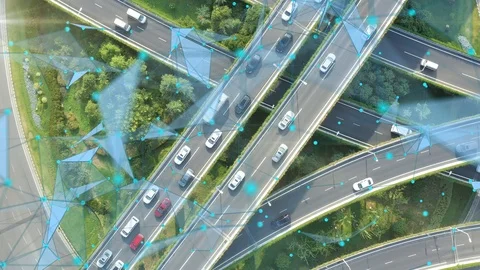Aerial view of road junction with moving cars,Autopilot concept Stock Footage 118578892