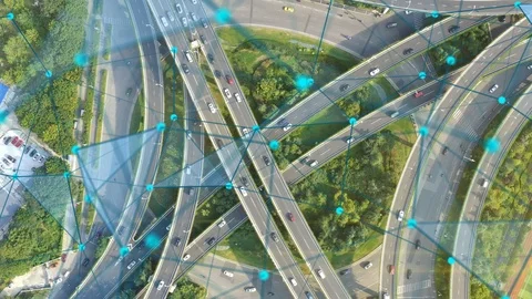 Aerial view of road junction with moving cars,Autopilot concept Stock-Footage 118579126