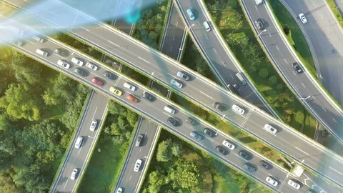 Aerial view of road junction with moving cars,Autopilot concept Stock Footage 118579212