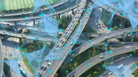 Aerial view of road junction with moving cars,Autopilot concept Stock Footage 118579428