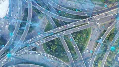 Aerial view of road junction with moving cars,Autopilot concept Видео 118579843