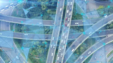 Aerial view of road junction with moving cars,Autopilot concept Stock Footage 118579958